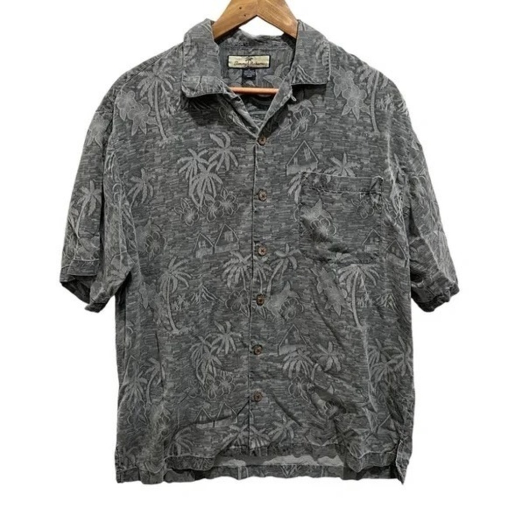 Tommy Bahama Silk Shirt Medium Gray Tropical‎ Palm Button Up